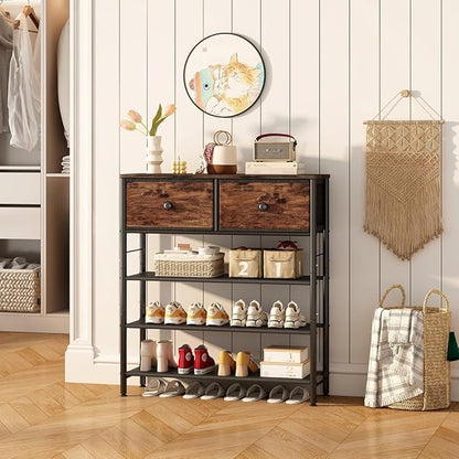 INGIORDAR Shoe Rack Organizer 5 Tier Metal Organizer Shelf with Industrial MDF Board and Layer Fabric for Entryway Closet Bedroom Living Room Garage (Black+Rustic Brown, 4 Tier with 2 Drawers)