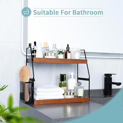 Bathroom Counter Organizer, 2-Tier Standing Storage Shelf with Basket, Wood Tray for Skincare Vanity Organizer(Brownish)