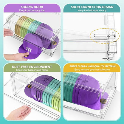 SCAVATA 4 Pack Large Hat Organizer Box, Stackable Clear Baseball Caps Holder Box Containers with Sliding Door for Hats Snapback Cap Storage, Hat Rack Display Case, Holds 20 Hats Each - Clear