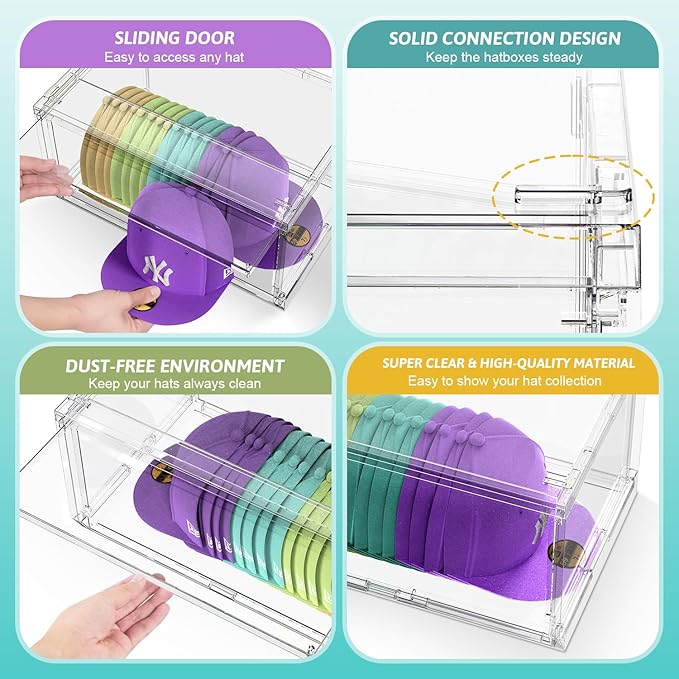 SCAVATA 2 Pack Large Hat Organizer Box, Stackable Clear Baseball Caps Holder Box Containers with Sliding Door for Hats Snapback Cap Storag, Hat Rack Display Case, Holds 20 Hats Each -Clear