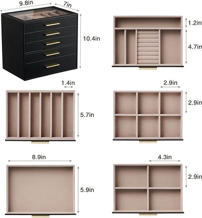 pickpiff Jewelry Box Organizer Case for Women: 5-Layer Jewelry Storage Case with Glass Window, Black Leather with Blush Velvet, Holder for Ring Necklace Bracelet Brooch Watch, Great Gift for Her