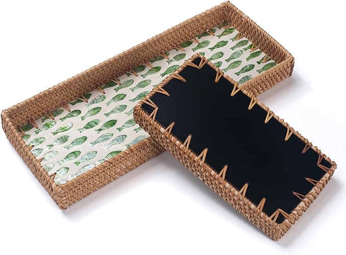 2 Pack Rattan Bathroom Vanity Tray with Mother of Pearl Inlay, Toilet Tank Tray, Toilet Basket Tank Topper, Bathroom Basket for Organizing and Decor (Green Fish)