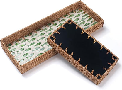 2 Pack Rattan Bathroom Vanity Tray with Mother of Pearl Inlay, Toilet Tank Tray, Toilet Basket Tank Topper, Bathroom Basket for Organizing and Decor (Green Fish)