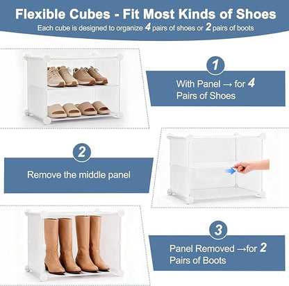 Simple Deluxe 8-Tier Shoe Rack Organizer with Doors, Stackable Shoe Storage Cabinet for Entryway Closet, Plastic Shoe Shelf with Metal Frame, Holds up to 32 Pairs for Bedroom Hallway, White