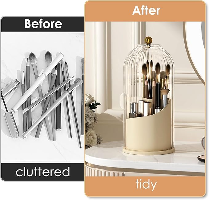 YOOLENS Makeup Brush Holder with Lid 360 Rotating Clear Dustproof Make Up Organizers for Vanity Bathroom Countertop, White Beige