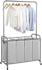 STORAGE MANIAC Laundry Sorter with Hanging Bar, Portable, Removable Laundry Hamper Cart with Heavy Duty Rolling Lockable Wheels and Removable Bags, Rolling Laundry Basket Organizer 181L, 4 Section