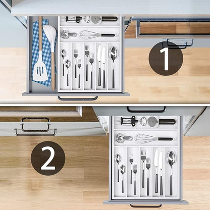 Utensil Organizer Silverware Drawer Organizer - 7 Slots Bamboo Cutlery Organizer Multi-Purpose Silverware Divider for Kitchen Flatware, Hair Accessories, Repair Tools, Art Set W13”x L17” (White)