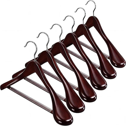 ZOBER 6 Pack High-Grade Wooden Suit Hangers for Men, Wide Shoulder Hangers with Non Slip Pants Bar, Smooth Finish, Holds Upto 20lbs, 360° Swivel Hook, Jacket Hanger, Heavy Duty Wide Hanger for Closet