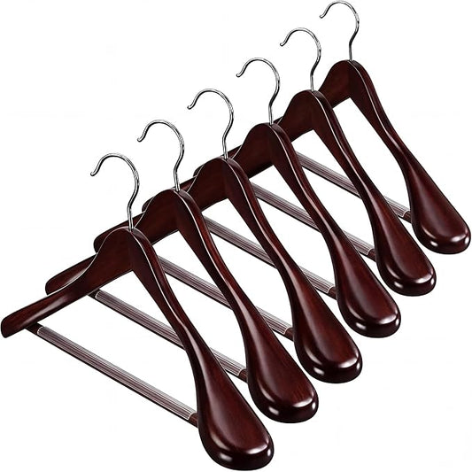 ZOBER 6 Pack High-Grade Wooden Suit Hangers for Men, Wide Shoulder Hangers with Non Slip Pants Bar, Smooth Finish, Holds Upto 20lbs, 360° Swivel Hook, Jacket Hanger, Heavy Duty Wide Hanger for Closet