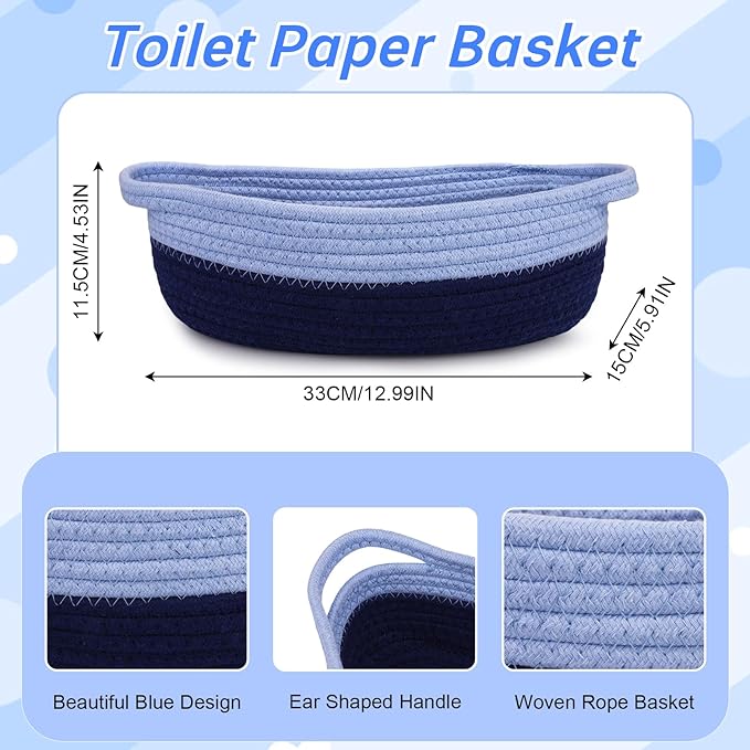 Toilet Paper Basket–Beautiful Blue Woven Bathroom Organizer Toilet Tank Storage Basket, Oval Shelves Rope Cotton Bin with Handles, Decorative Over Bathroom Decor Paper Holder, 13"D x 4.5"H IN