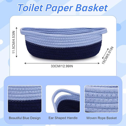 Toilet Paper Basket–Beautiful Blue Woven Bathroom Organizer Toilet Tank Storage Basket, Oval Shelves Rope Cotton Bin with Handles, Decorative Over Bathroom Decor Paper Holder, 13"D x 4.5"H IN