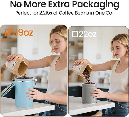 Veken Coffee Canister, 39OZ Large, Airtight Stainless Steel Food Storage Container for 2.2lbs Coffee Beans, Ground, Sugar, Tea, Cookie, Flour, Kitchen Bar Accessories with Date Tracker & Scoop, Blue