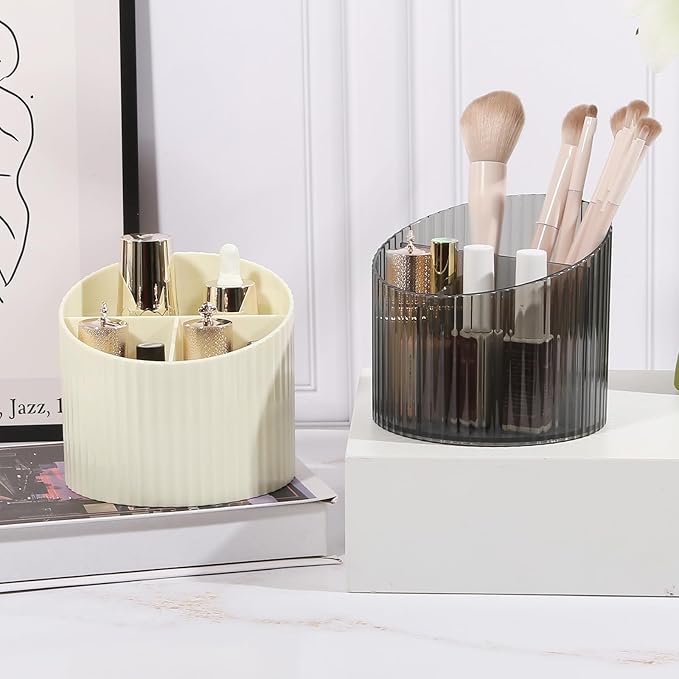 DASITON 3 Slots Makeup Brush Holder, Acrylic Makeup Brush Cup, Vintage Striped Make Up Brush Holder for Vanity Decor, Bathroom Countertops, Desk Storage Container, Cosmetic Display Cases (Cream)