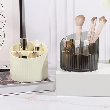 DASITON 3 Slots Makeup Brush Holder, Acrylic Makeup Brush Cup, Vintage Striped Make Up Brush Holder for Vanity Decor, Bathroom Countertops, Desk Storage Container, Cosmetic Display Cases (Cream)
