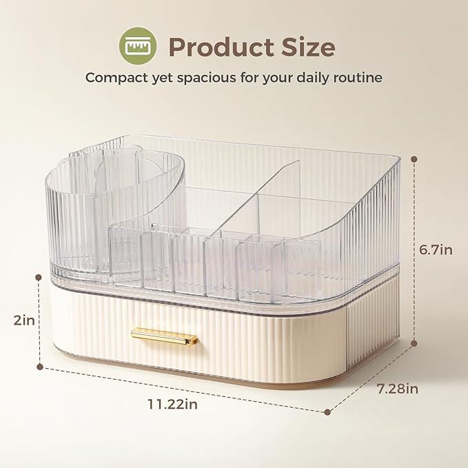 Delamu Makeup Organizer for Vanity with Stackable Drawer, 360 Rotating Makeup Brush Holder, Large Cosmetic Organizer with Tiered Storage for Skincare, Lipstick, Eyeshadow Brushes, Perfume, White