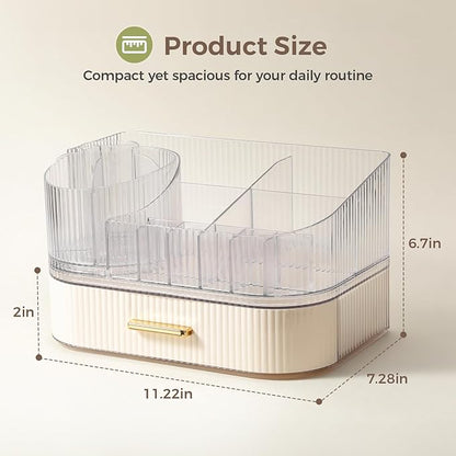 Delamu Makeup Organizer for Vanity with Stackable Drawer, 360 Rotating Makeup Brush Holder, Large Cosmetic Organizer with Tiered Storage for Skincare, Lipstick, Eyeshadow Brushes, Perfume, White