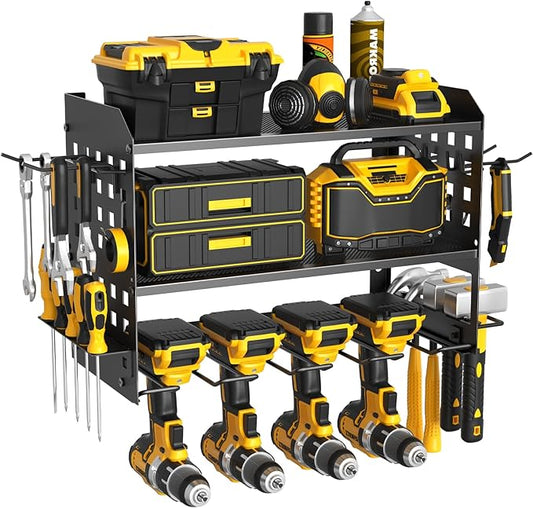 SUNALLY Power Tool Organizer, Heavy Duty Wall Mount Tool Organizer 3 Layers with 4 Drill Holders, Garage Tools Storage Rack with 2 Side Pegboards and Hooks for Workshop, Shed, Black