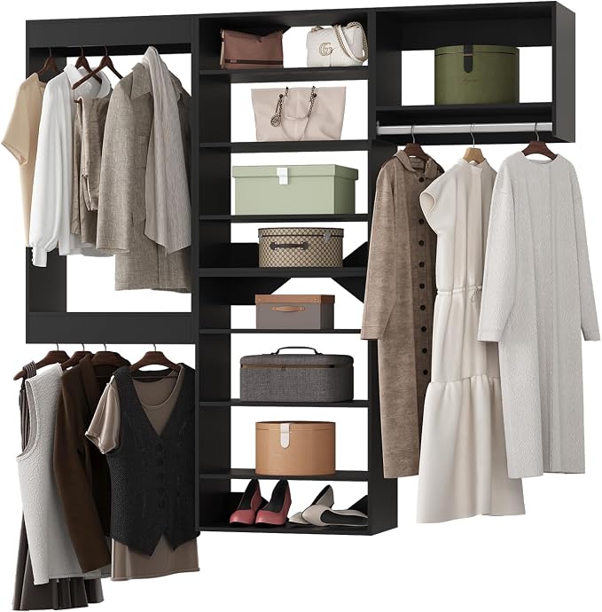 Modular Closet Organizer, 102" Wide with Towers and Hanging, Wooden Tower Storage for Walk-In Closets, Wall-Mounted Wardrobe Organizer Kit System, Black