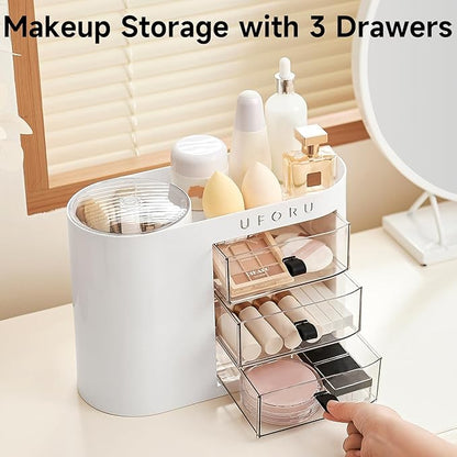UFORU Makeup Organizer with Pop-Up Brush Holder for Dresser Vanity, Plastic Bathroom Counter Organizer with 3 Drawers & Dust-Proof Cover, Cosmetic Display Case for Lipstick, Skincare, White