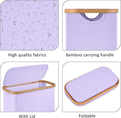 Slim Laundry Basket,60L Laundry Hamper with Lid, Tall Hamper for Laundry,Dirty Cloth Hamper with Bamboo Handle for Towels, Clothes Organizing,Purple