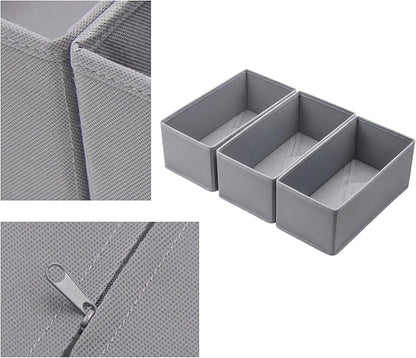Small Foldable Fabric Drawer Organizer 3-Pack - 11“ Breathable Closet & Dresser Storage Bins for Socks, Underwear, Bras & Baby Clothes, Grey