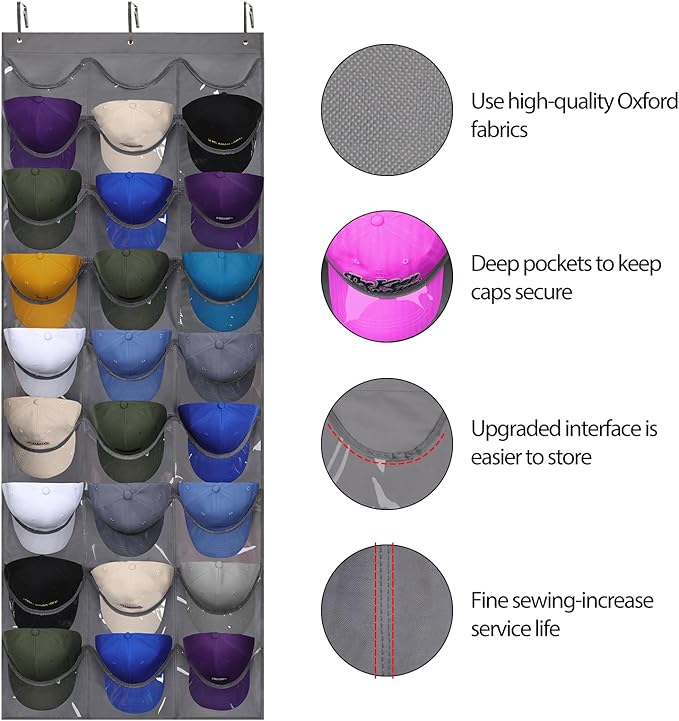 Dofilachy Hat Rack - Hat Organizer - Hat Racks for Baseball Caps, Visible Hat Holder - Baseball HatRack for Wall Door with 3 Hooks, 27 Deep Pockets
