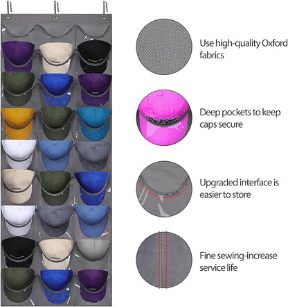Dofilachy Hat Rack - Hat Organizer - Hat Racks for Baseball Caps, Visible Hat Holder - Baseball HatRack for Wall Door with 3 Hooks, 27 Deep Pockets