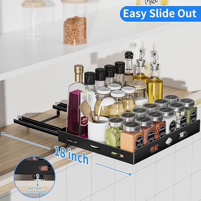 BOIVSHI Pull Out Spice Rack Organizer for Cabinet, 1 Tier Heavy Duty Spice Rack, Vertical Spice Rack for Kitchen Cabinet and Pantry (12.6''Wx10.5''Dx2.8''H, Metal Black)