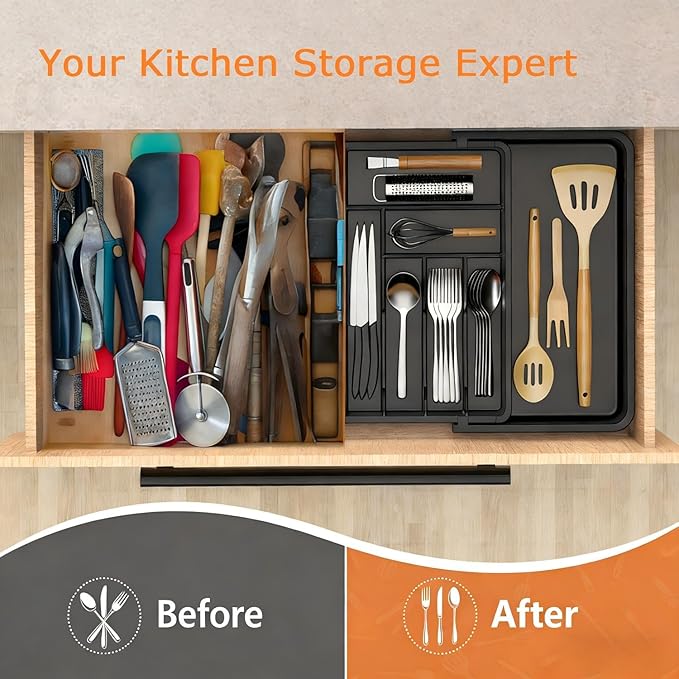 Utensil Organizer for Kitchen Drawer, Expandable Cooking Silverware Tray,Large Silverware Drawer Organizer，Plastic Spatula Tools Storage Divider, 21.6-38", Black