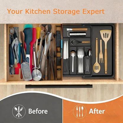 Utensil Organizer for Kitchen Drawer, Expandable Cooking Silverware Tray,Large Silverware Drawer Organizer，Plastic Spatula Tools Storage Divider, 21.6-38", Black