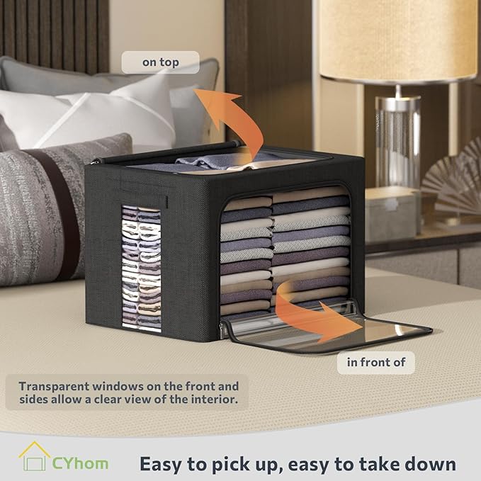 CYhom Clothes Storage Bins Box - Linen Fabric Foldable Stackable Container Organizer Set with Clear Window & Carry Handles & Metal Frame (Black, Medium-36L)