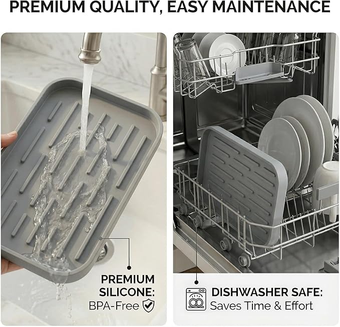 Silicone Organizer Tray, Soap and Sponge Holder for Kitchen Sink, Bathroom - Storage Tray for Dish Brush, Soap Dispenser, Dishwashing Accessories-(Gray 1 Pack, 10"x5.3")