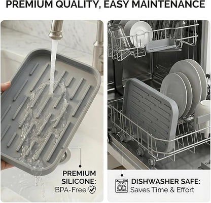 Silicone Organizer Tray, Soap and Sponge Holder for Kitchen Sink, Bathroom - Storage Tray for Dish Brush, Soap Dispenser, Dishwashing Accessories-(Gray 1 Pack, 10"x5.3")