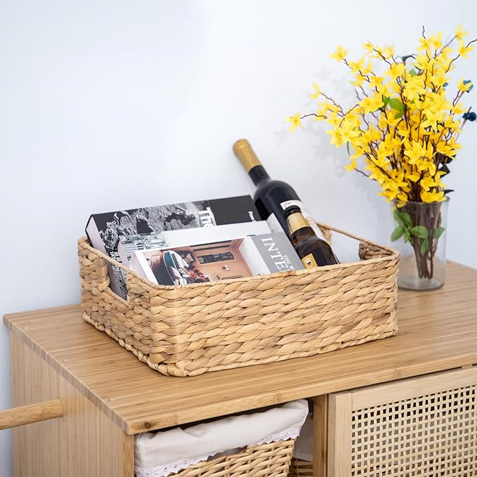 YAHUAN Water Hyacinth Storage Baskets for Organizing Drawer Basket With Handle Square Shallow Basket Wicker Baskets for Shelf (Original)