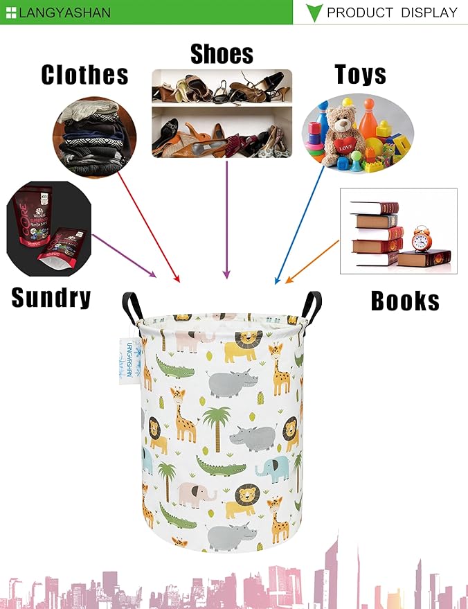 Laundry Basket Canvas Fabric Collapsible Organizer Basket for Storage Bin Toy Bins Gift Baskets Bedroom Clothes Children Nursery Hamper (Animal)