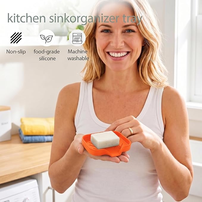 MicoYang Silicone Bathroom Soap Dishes with Drain Spout-Bathroom and Kitchen Sink Organizer,Sponge Holder,Dish Soap Tray,Perfect for Dispenser,Scrubber,Bottle,Cup on Sink or Counter-Orange 4.9"×3.2"