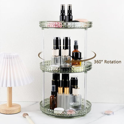 360 Clear Rotating Makeup Organize for Vanity,3 Tiers Lazy Susan with Diamond Pattern, Large-Capacity Skincare Organizers Cosmetic Display Case Organizer for Dresser (Vintage Green, 3Tiers)