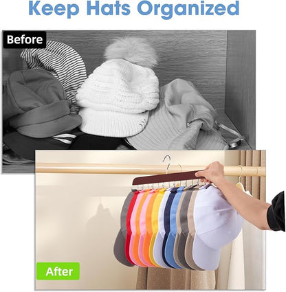 Hat Hangers for Closet, 2 Pack Hat Organizer for Baseball Caps with 14 Hooks Space Saving Hat Racks Ball Caps Hat Holder Organizer Tie Belt Hanger for Closet Storage Solution (Brown)