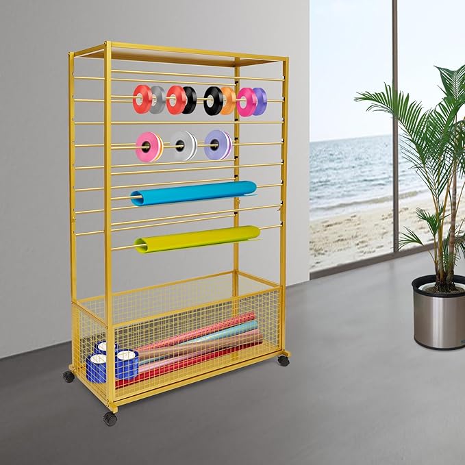 Commercial Ribbon Holder Organizer w/ 16 Rods & Locking Wheels - 59" Mobile Craft Storage for Florists, 4-Tier w/Mesh Basket (Gold, 39.37 * 12.6 * 59.06in)