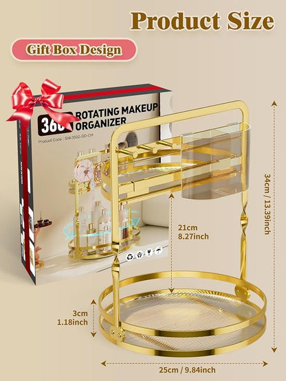360 Rotating Makeup Organizer for Vanity, Gold Perfume Organizer, 2-Tier Lazy Susan for Bathroom Counter Organizer, Large Spinning Skincare Dresser Storage with Brush Holder & Jewelry Hooks