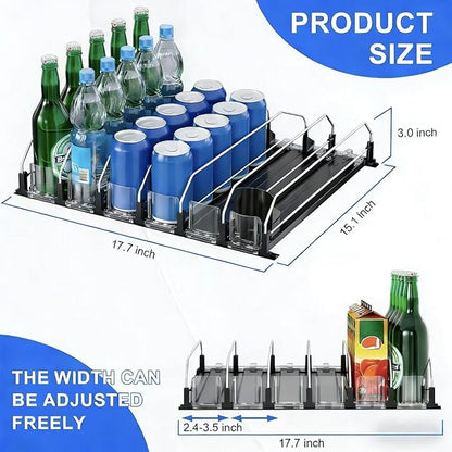 6 Rows Black Drink Organizer for Fridge, 3rd Gen Refrigerator Organizers and Storage, Automatic Pusher Glide and Adjustable Width Can Organizer for Refrigerator - Holds up to 30 Cans