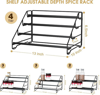 Jolitac 4-Tier Spice Rack Organizer, Depth Adjustable Step Shelf, Metal Spice Rack Perfect for Cabinet, Countertop & Pantry Storage | Enhances Kitchen Visibility and Organization | 2 Pack