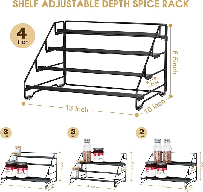 Jolitac 4-Tier Spice Rack Organizer, Depth Adjustable Step Shelf, Metal Spice Rack Perfect for Cabinet, Countertop & Pantry Storage | Enhances Kitchen Visibility and Organization | 1 Pack
