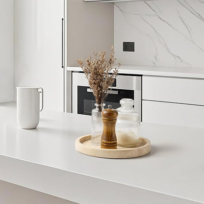Natural Marble Vanity Tray for Bathroom Kitchen Dresser, Travertine Stone Decorative Trays for Jewelry, Perfume, Cosmetic, Candle, Round Countertop Storage Organizer for Home Decor Beige (WH019)