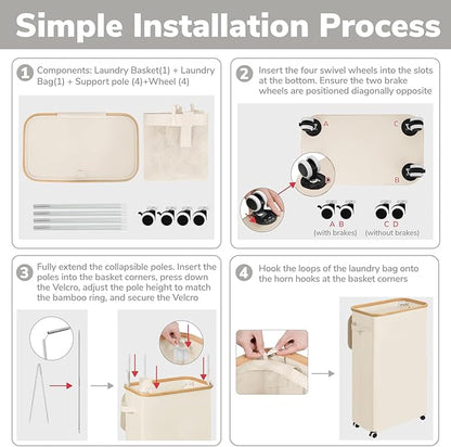 Goodpick Slim Laundry Basket with Wheels and Lid, 75L Narrow Laundry Hamper with Handles Removable Bag, Rolling Clothes Hamper for Dorm Bathroom Bedroom, 17" x 9.8" x 29.5", Beige