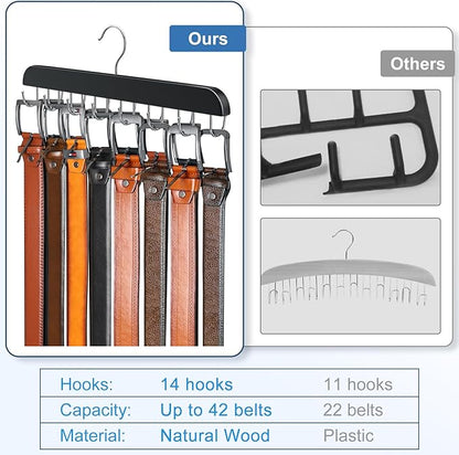 Belt Hanger for Closet Max 42 Belts, Sturdy Wood Belt Rack Closet Accessories with 14 Hooks Belt Organizer for Closet Organizers and Storage -Black 1 Pack