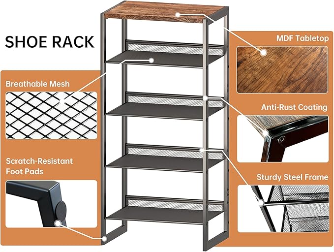 4 Tier Metal Shoe Rack, Sturdy Steel Frame with Rust-Proof Coating, MDF Top, Adjustable Flat Inclined Mesh Shelves, Anti-Tip Scratch-Resistant Feet, Sleek Show Rack for Entryway, Hallway, Garage