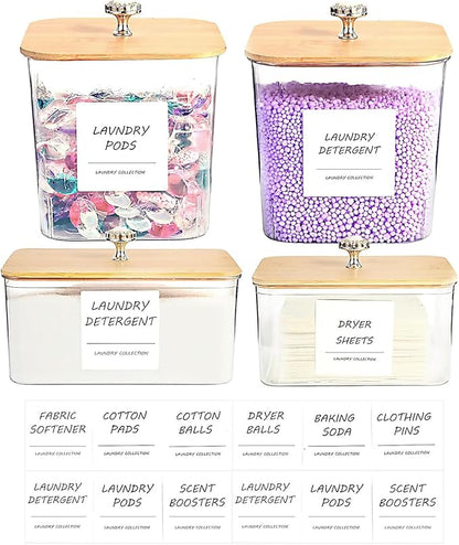 4 Pack Laundry Room Organization Storage Containers, Plastic Clear Laundry Pods Container & Dryer Sheet Holder Jars with Lids, Scoops & Labels for Detergent, Powder, Dryer Balls, Beads