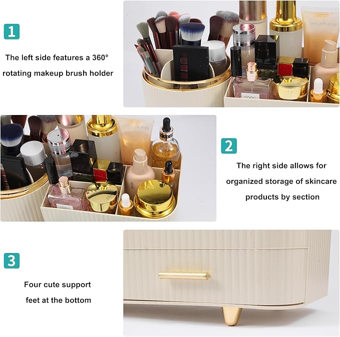 Makeup Organizer Countertop with Drawer 360 Rotating Brush Holder Storage Large Capacity Skincare Cosmetic Display Cases for Vanity Bathroom Desktop, Model 3016 Cream