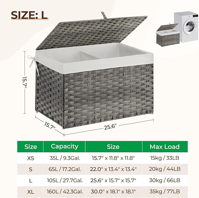 GREENSTELL Storage Basket with Lid, 27.7 Gallon(105L) Lagre Wicker Blanket Storage Basket with Handles, Foldable, 2 Removable Liner Bags, Metal Frame, for Bedroom, Laundry Room, Grey,25.6"*15.7"*15.7"